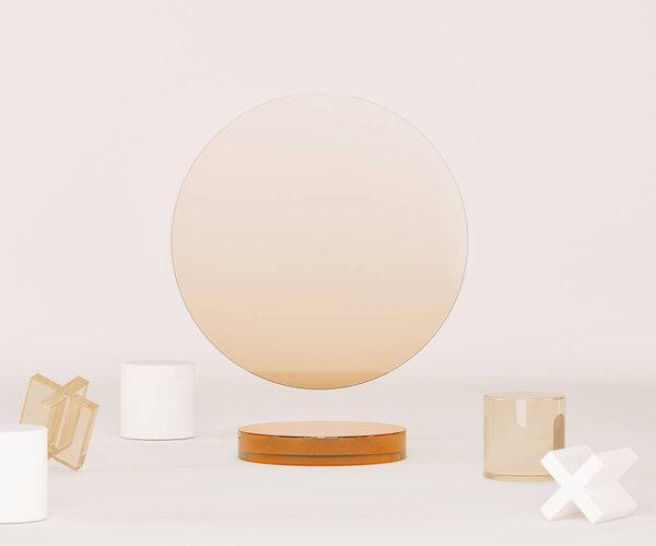 Minimal scene with glass podium and abstract background. Pastel beige Art deco arch. Cosmetic, beauty product. Trendy 3d render for social media banners, promotion, cosmetic product show.