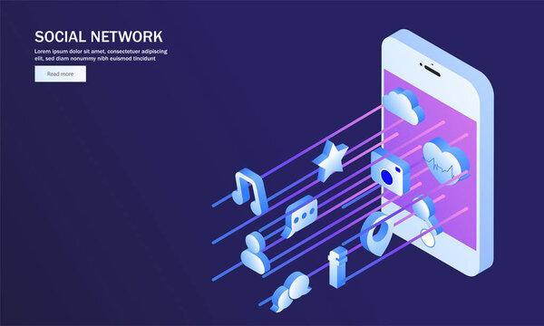 Multiple social media application on isometric smartphone screen. Responsive web template design for Social Networking.