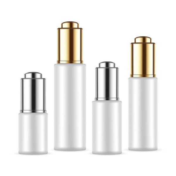 Blank Plastic Cosmetic Bottle With Various Sizes And Colors Of Dropper Cap, Isolated On White Background. Vector Illustration