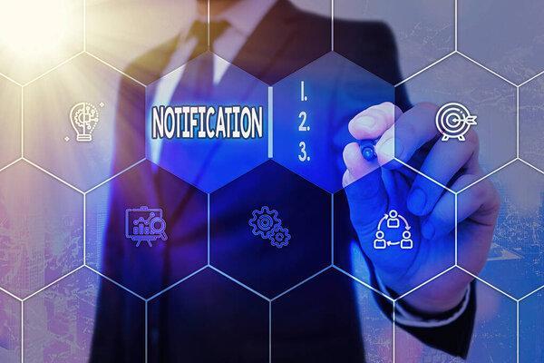 Conceptual hand writing showing Notification. Business photo text act of formally telling someone about something or a document Grids and different icons latest digital technology concept.