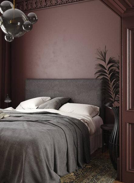 Beautiful dark bedroom interior background, 3d render