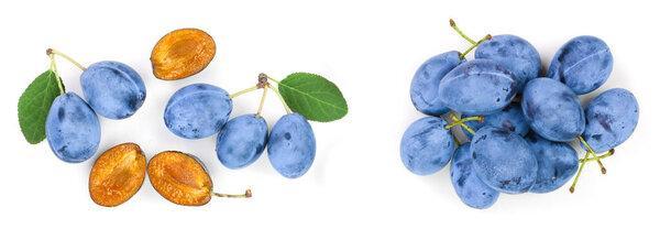 plums with leaf isolated on a white background with copy space for your text. Top view. Flat lay pattern.
