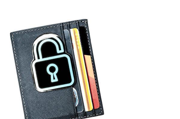 Leather cardholder with credit cards on a white background. Prohibition of online purchases. Credit card lock