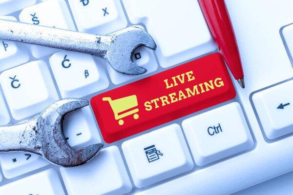 Text caption presenting Live Streaming. Concept meaning displaying audio or media content through digital devices Abstract Presenting Ethical Hacker, Typing Creative Notes And Ideas