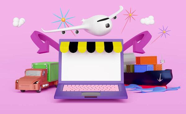 shop on laptop with trailer and cargo ship and plane on pink background ,digital marketing plan and air cargo trucking, maritime shipping ,land transport concept ,3d rendering 