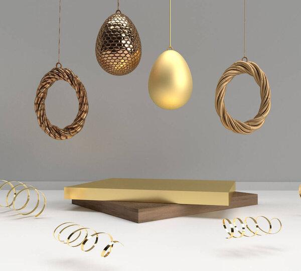 Golden yellow orange gradient color abstract line creative design full empty podium stand showcase symbol presentation product happy easter egg luxury modern happy celebration festival.3d render 