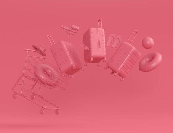Colorful beach accessories and shopping trolley on monochrome background. 3D render of summer vacation concept and holidays