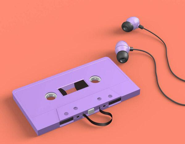 mockup audio music retro purple cassette tapes in red pastel background , 3d rendering