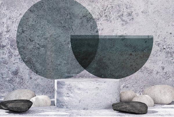 Product presentation podium with abstract background and stones among which grass grows. 3d rendering