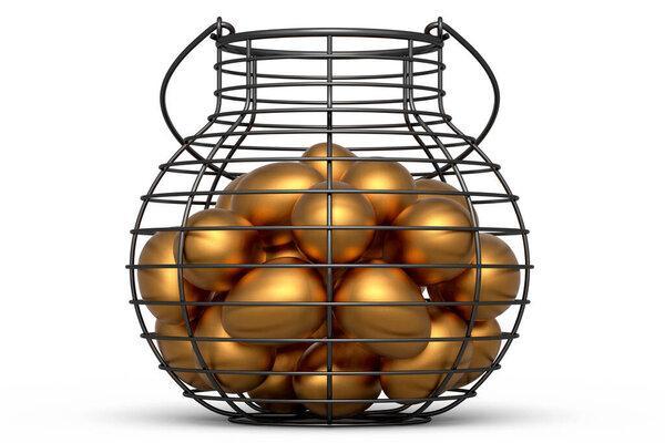 Luxury gold eggs in metal basket or paper cardboard isolated on white background. 3d render of Easter concept or chicken eggs for omelet or scrambled fried egg for morning breakfast