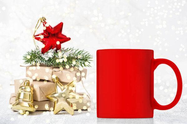 Red mug mockup with Christmas ornaments decorations