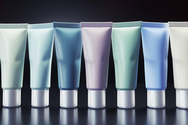 Creative 3D render of seven color tube for beauty fashion cosmetics. Series of product concept for skin care creams.