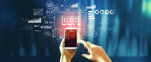 DeFi - Decentralized Finance theme with person using a smartphone