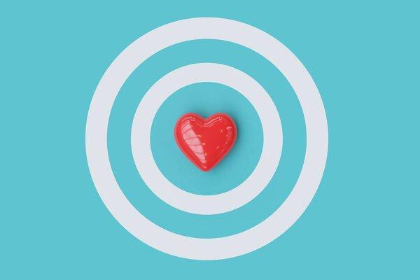 Red heart in the middle of Circle on blue background. Valentine concnept 3D Render.
